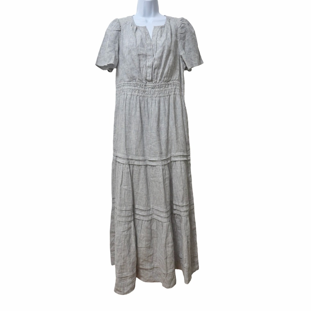 Quince 100% European Linen Tiered Maxi Dress Size M Blue White Smocked Modest